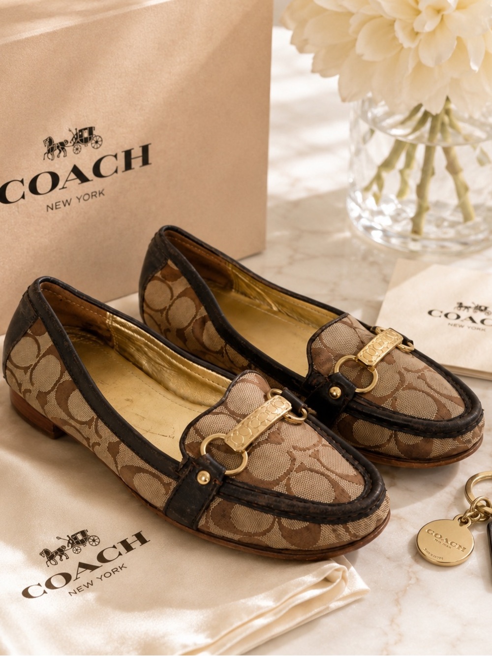 Coach Signature Jacquard Horsebit Loafers Brown Tan Leather Flats Size 7